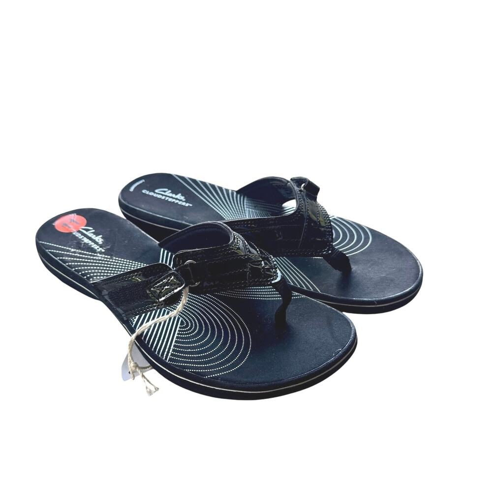 NWT Clarks Cloudsteppers breeze Reyna Black Synthetic Thong Sandal Women’s 11